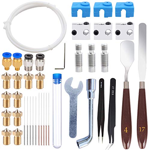 HAWKUNG 41 Pcs 3D Printer Accessories Kit, 10 Nozzle + 3 Heater Block + 3 Throat Tube + 3 V6 Silicone Socks + 10 Cleaning Needle + Other Parts for V6 3D Printer 1.75mm Extruder Hotend