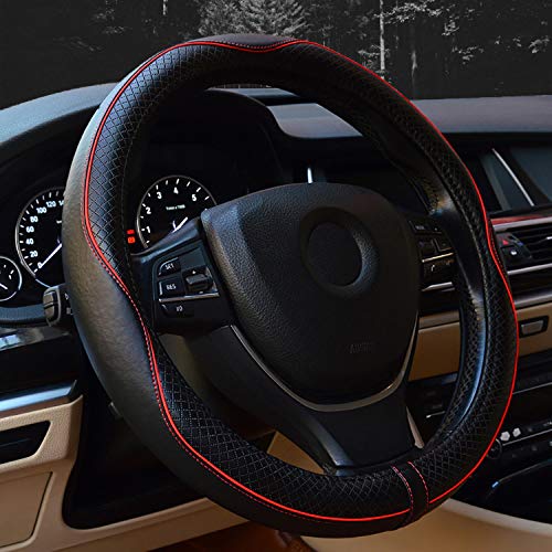 Valleycomfy 15.75 inch Auto Car Steering Wheel Covers Black with Red Lines- Genuine Leather for F-150 Tundra Range Rover.