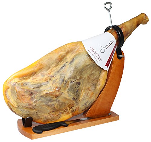 Serrano Ham Bone in from Spain 15 - 17 lb + Ham Stand + Knife - Cured Spanish Jamon Made with NO Nitrates or Nitrites