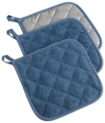 DII 100% Cotton, Quilted Terry Oven Set Machine Washable, Heat Resistant with Hanging Loop, Potholder, Blue 3 Count