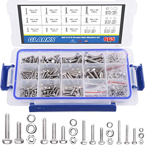 Glarks 665Pcs M3 M4 M5 M6 Stainless Steel Flat Hex Head Screws Bolts Nuts and Flat Gasket Spring Washers Assortment Set