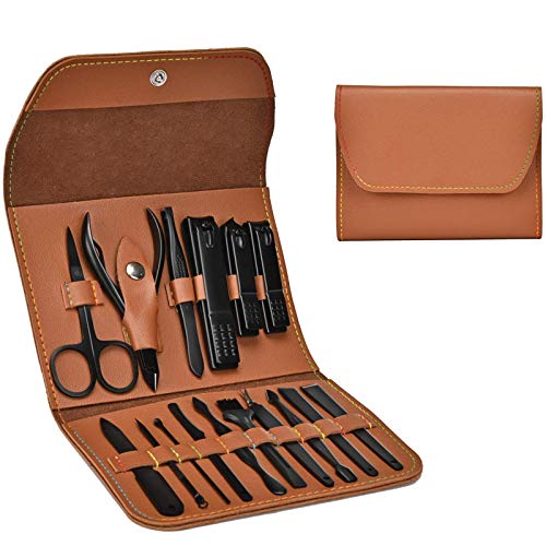 Manicure Set, Professional Stainless Steel Pedicure Nail Clipper Tools Kit with PU Leather Folding Case, 16 In 1 Travel Grooming Care Tool Kits for Women Men Nail Scissors Nail Cutter Set