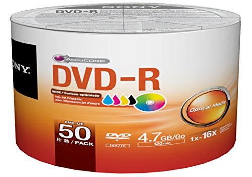 Sony 50 Pack DVD-R DVDR White Inkjet Hub Printable 16X 4.7GB 120min Blank Media Disc