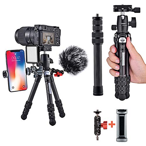 Carbon Fiber Tripod, COMAN Ultra Compact Lightweight Camera Tripod with 360° Panorama Ball Head for Cellphone, Camera and Gopro, Ideal for Vlog, YouTube or Travel, Phone Clip and Magic arm Included