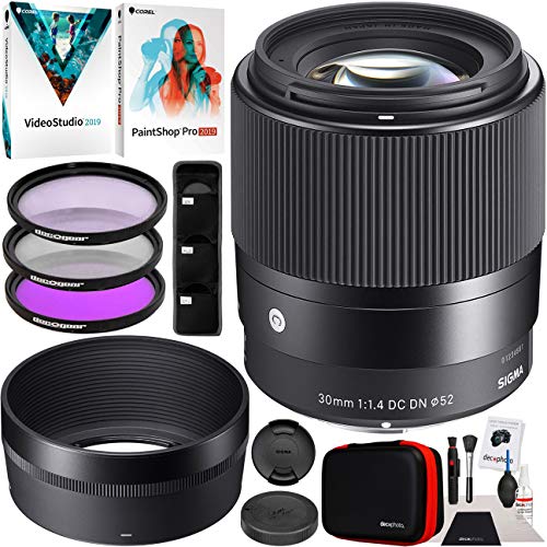 Sigma 30mm F1.4 DC DN Contemporary Lens for Sony E-Mount Mirrorless Cameras 302965 Bundle w/Deco Gear Photography Accessory Kit + 52mm UV Polarizer FLD Filter Set + Photo Video Editing Software