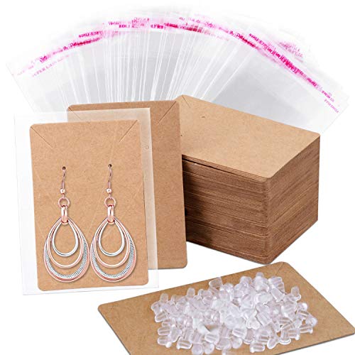 Earring Cards, Anezus 100 Pcs Earring Display Cards Earring Holder Cards with 200 Earring Backs and 100 Self- Sealing Bags for Earrings Necklace Jewelry Display, Kraft Color 3.5x2.4 Inches