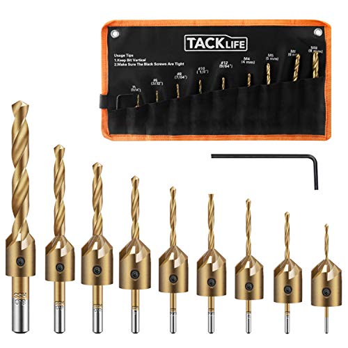 TACKLIFE 9 Pcs Countersink Drill Bit Set with 1 Hex Key Wrench& 1 Storage Bag, High-Speed Steel Adjustable Carpentry Reamer Plated for Wood DIY-CDB01