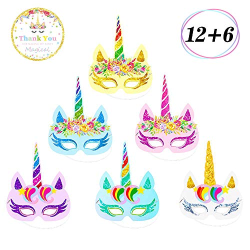 12 Pcs Rainbow Unicorn Masks Kids Birthday Unicorn Party Favors with Unicorn Theme Party Decor 6 pcs Thank You Stickers