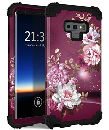 Hocase Galaxy Note 9 Case, Shockproof Heavy Duty Protection Hard Plastic Cover+Silicone Rubber Dual Layer Protective Phone Case for Samsung Galaxy Note 9 (SM-N960U) 2018 - Burgundy Flowers