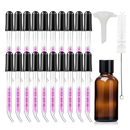 20PCS Glass Eye Droppers Calibrated 1ml Essential Oils Pipette Dropper with Black Rubber Head and 1PCS 30ml Essential Oil Bottles and 1 Litle Split Funnel (20pcs Bent Tip)