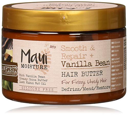 Maui Moisture Smooth & Repair + Vanilla Bean Anti-Frizz Hair Butter Treatment to Deeply Hydrate & Restore Dry, Thick, Coarse, Curly & Natural Hair, Vegan, Silicone- & Paraben-Free, 12 oz