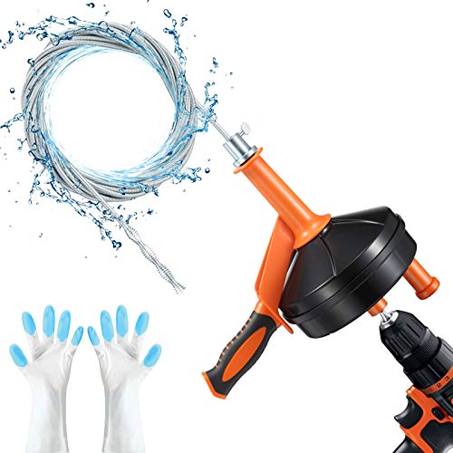 Drain Snake, Breezz Plumbing Snake Drain Auger with Drill Adapter, 25 Feet Heavy Duty Flexible Clog Remover Use Manually or Powered for Bathtub, Kitchen, Bathroom and Shower Sink, Comes with Gloves