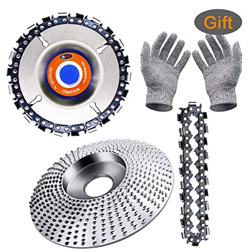 Wood Carving Disc, Woodcarving Saw Blade 4 Inch Replacement Chain & Tungsten Grinder Wheel Shaping Disc (5/8 Inch Bore) 4'or4-1/2' Angle Grinder Attachment, Cut Resistant Gloves