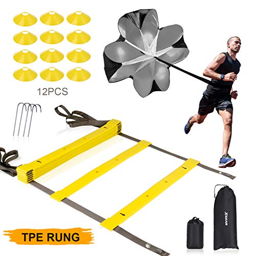 XGEAR Speed Agility Training Set - Indoor Outdoor TPE Adjustable Rungs Agility Ladder, Resistance Parachute, 4 Steel Stakes, 12 Disc Cones - Kit for Soccer, Lacrosse, Hockey, Basketball Drill