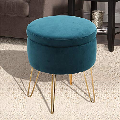 MAISON ARTS Velvet Round Ottoman with Storage Foot Stool Vanity Stool Seat Dressing Chair Footrest Side Table Tufted Ottoman Coffee Table with Golden Metal Leg & Tray Top for Living Room Bedroom, Teal