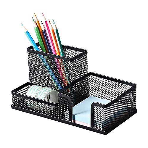 Deli Mesh Desk Organizer Office Supplies Caddy with Pencil Holder and Storage Baskets for Desk Accessories, 3 Compartments, Black