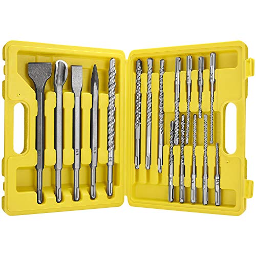 Topec 17pcs Chisels- SDS Plus Concrete Drill Bits, Masonry Hole Tool Set, 4pcs Chisel and 13pcs SDS Plus Rotary Hammer Drill Bit with Storage Case