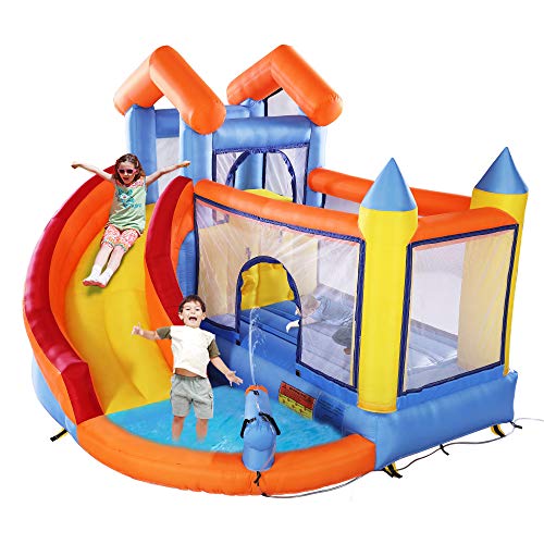 JAXPETY Inflatable Bounce House for Kids, Jump and Slide Bouncer Castle Activity Center for Children 3-10 w/ 680W Blower, Repair Kit, Trampoline, Splash Pool, Water Canon, Climb Wall