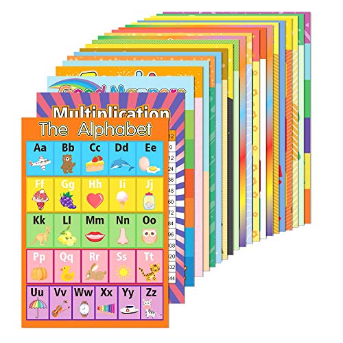 EAONE 22 Pack Educational Preschool Poster with 100 Pieces Glue Point Dot for Toddler Kids Classroom Kindergarten Nursery Learning Alphabet Multiplication ABC Days of the Week etc.(15.75 x 11 Inch)