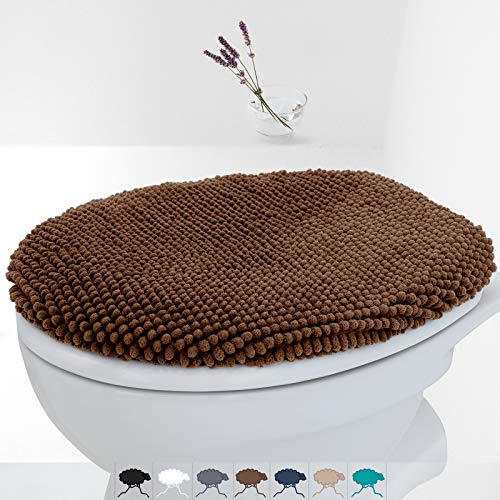 Fluffy Grip Chenille Bathroom Toilet Lid Cover, Large Size, Machine Washable, Extra Soft Shag Plush Fabric Covers, Teal Toilet seat Cover Fits Most Size Toilet Lids (Brown)