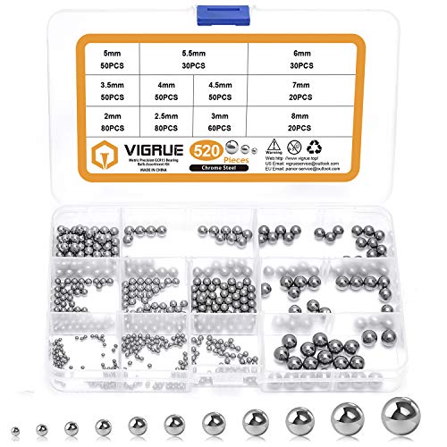 VIGRUE 520Pcs Precision Steel Ball Bearings 2/2.5/3/3.5/4/4.5/5/5.5/6/7/8mm Slingshot Ammo Balls Magnetic Loose Bicycle Bearing Balls Assortment Kit