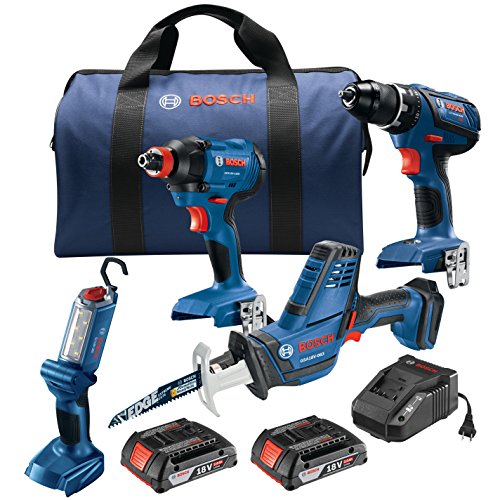 Bosch GXL18V-496B22 18V 4-Tool Combo Kit with Compact Tough 1/2 In. Drill/Driver, 1/4 In. and 1/2 In. Two-In-One Bit/Socket Impact Driver, Compact Reciprocating Saw and LED Worklight