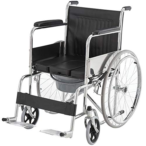 HOMCOM Folding Commode Mobile Toilet Aluminium Alloy Wheelchair with Detachable Bucket for Bedside/Bathroom