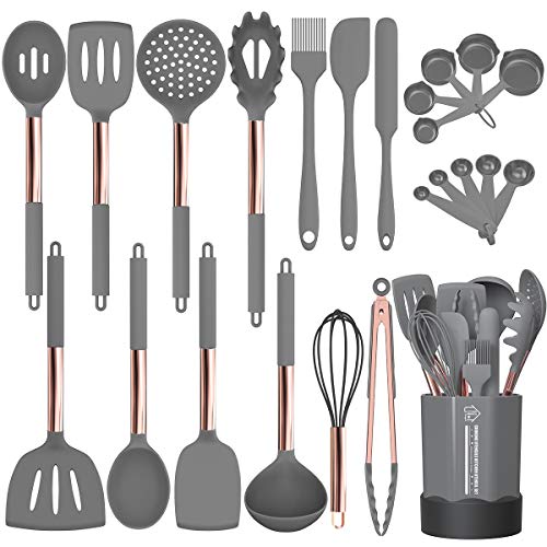 Silicone Cooking Utensil Set, Fungun 24pcs Silicone Cooking Kitchen Utensils Set, Non-stick Heat Resistant - Best Kitchen Cookware with Copper Stainless Steel Handle -Gray(BPA Free, Non Toxic)