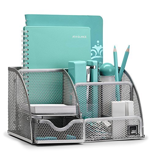 Mindspace Office Desk Organizer with 6 Compartments + Drawer + Pen & Pencil Holder | The Mesh Collection, Silver