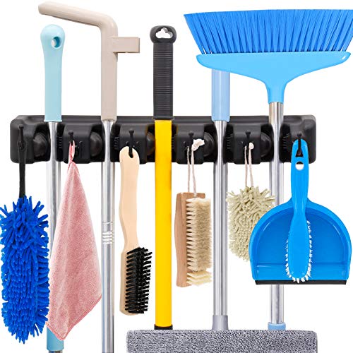 HYRIXDIRECT Mop and Broom Holder Wall Mount Heavy Duty Broom Holder Wall Mounted Broom Organizer Home Garden Garage Storage Rack 5 Position with 6 Hooks (Black)