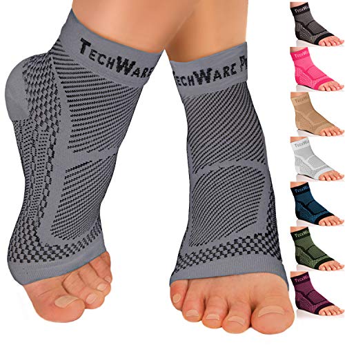 TechWare Pro Ankle Brace Compression Sleeve - Relieves Achilles Tendonitis, Joint Pain. Plantar Fasciitis Foot Sock with Arch Support Reduces Swelling & Heel Spur Pain. (Gray, S / M)