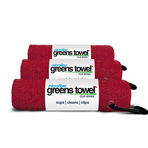 Greens Towel 3 Pack Red | Convenient Microfiber Golf Towels with Clip (Cardinal Red)