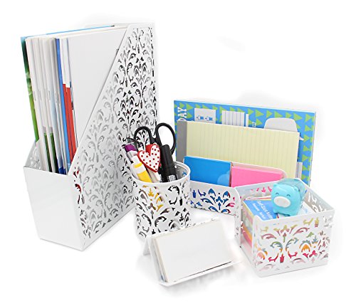 EasyPAG 5-Piece Desk Organizer and Accessories Set -Pencil Holder, Letter Sorter, File Holder,Business Card Holder and Sticky Note Holder,White