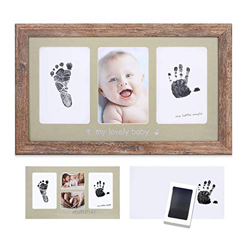 Baby Ink Handprint Footprint Kit&Frame - Handprint Picture Frame Kit for Newborns (Safe Clean-Touch Ink) - Babyprints Keepsake for Boys&Girls, Nursery Memory Art Kit, Baby Shower Gifts, Antique Brown