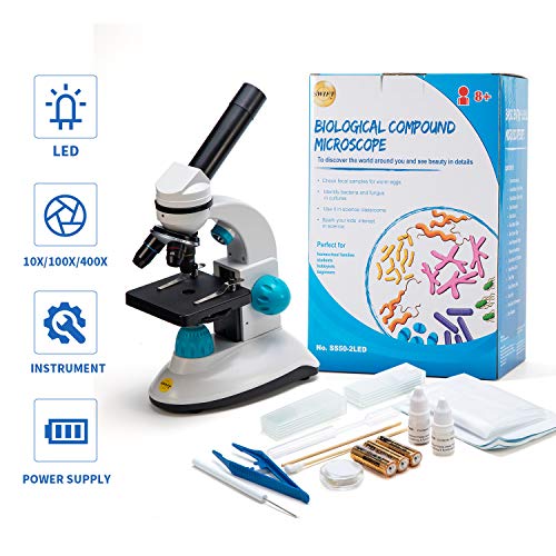 Swift Compound Kids Microscope SW50 with 40X-400X Magnification, Beginner Monocular Microscope with Glass Optics, Coarse Focusing, Starter Kit Includes 31 Piece Accessories Kit with Prepared Slides