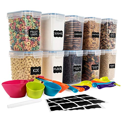 SPACE SAVER Airtight Food Storage Containers Set [Set of 10] 1.6L /54oz + 14 Measuring Cup & Spoons + labels & Marker - for Sugar, Flour, Baking Supplies - BPA Free - Leakproof - Dishwasher Safe