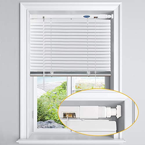 LazBlinds No Tools-No Drill 1' Aluminum Horizontal Mini Blinds Shades for Window Size 26 1/2'' W x 64'' H, Light Filtering Inside Installation, White