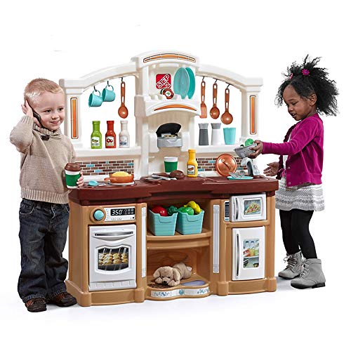 Step2 Fun with Friends Kitchen | Large Plastic Play Kitchen with Realistic Lights & Sounds | Brown Kids Kitchen Playset & 45-Pc Kitchen Accessories Set