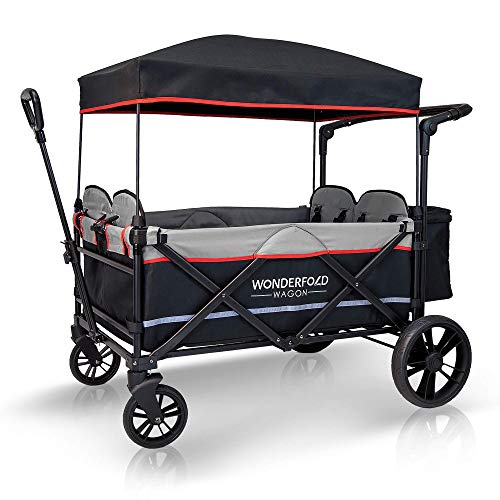 WONDERFOLD X4 4-Passenger Pull/Push Quad Stroller Wagon with Adjustable Handle Bar, Removable Canopy, Safety Seats with 5-Point Harness, One-Step Foot Brake (Black)