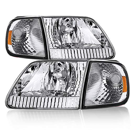 Headlight Assembly Compatible with 97-03 Ford F-150/04 Ford F-150 Heritage / 97-02 Ford Expedition Pickup Headlamp Driver and Passenger Side Driving Front Light Pair (Chrome)