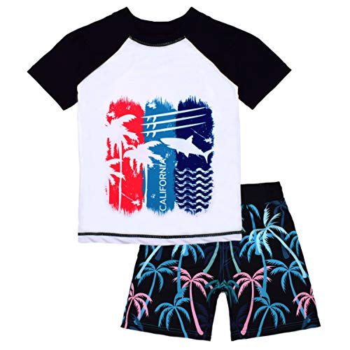 Boys Two Piece Rash Guard Swimsuits Kids Short Sleeve Sunsuit Swimwear Sets UPF 50+ Coconut Palm 7T