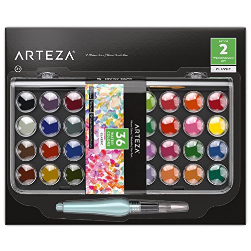 ARTEZA Classic Watercolor Paint, Set of 36 Vibrant Color Cakes, Includes 1 Water Brush Pen, Travel Watercolor Kit for Adults, Artists, and Students