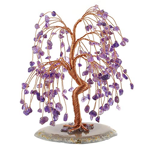 Top Plaza Amethyst Chakra Healing Crystals Copper Money Tree Wrapped On Natural Agate Slices Geode Base Lucky Reiki Feng Shui Figurine Statue