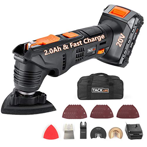 TACKLIFE Oscillating Tool, 20V Max Cordless Multifunctional Tool, 2.0Ah Lithium-Ion Battery, 1 Hour Fast Charge, 6 Variable Speed for Grout Removing, Scraping, Cutting and Polishing - PMT03B