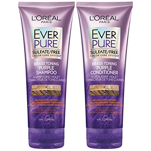 L'Oreal Paris EverPure Sulfate Free Brass Toning Purple Shampoo and Conditioner Kit for Blonde, Bleached, Silver, or Brown Highlighted Hair, 1 kit