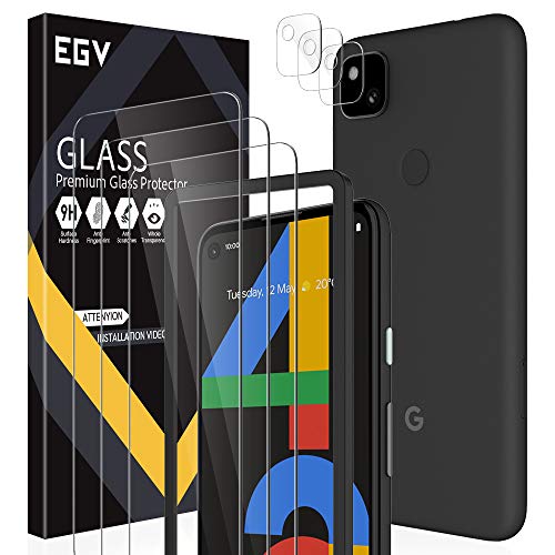 [6 Pack] EGV 3 Pack Screen Protector + 3 Pack Camera Lens Protector for Google Pixel 4a 4G 5.8' [Not Fit for Pixel 4a 5G 6.2'], Tempered Glass, [Easy Installation Tray] HD Ultra-Thin, Anti-Scratch