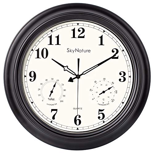 Large Outdoor Clock, 18 Inch Waterproof Clock with Temperature and Humidity Combo, Silent Battery Operated Vintage Clock for Living Room, Patio, Garden, Pool Decor - Metal, Matte Black