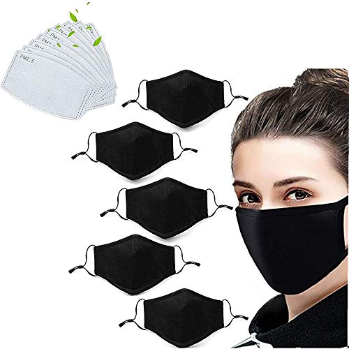 5 Pack Unisex Fashion Stretch Lightweight Cotton Covering Face and Mouth Reusable Washable Adjustable 3 Ply With 10PC Replacement Filters