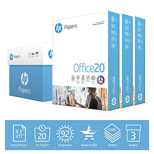 HP Printer Paper 8.5x11 Office 20 lb 3 Ream Case 1500 Sheets 92 Bright Made in USA FSC Certified Copy Paper HP Compatible 112090C