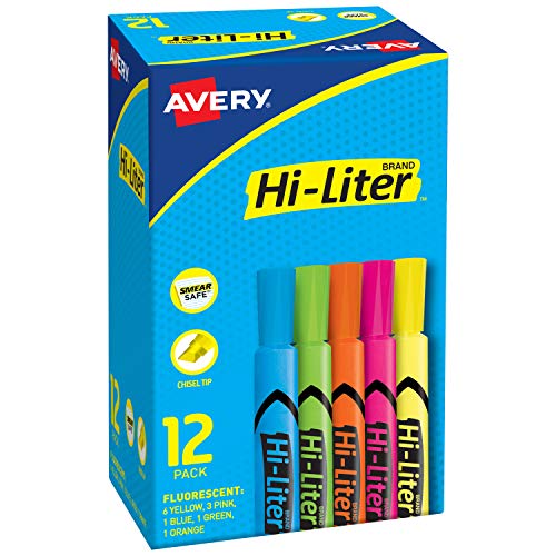 Avery 98034 Hi-Liter Desk-Style Highlighters, Smear Safe Ink, Chisel Tip is Great for Sketch Book Art, 12 Assorted Colors